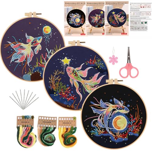 Image of Konrisa Stamped Embroidery Kit for Adults, 3 Set Elegant Goldfish DIY Sewing Needlepoint Cross Stitch Kit with Embroidery Floss,Hoops,Color Thread,Needle,1 pc Hoop