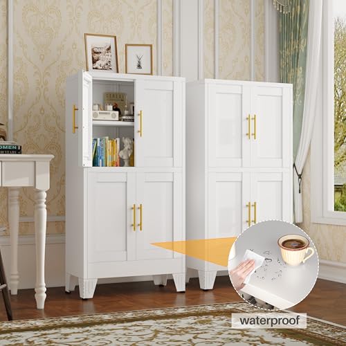 Image of 47 inch White Metal Bathroom Storage Cabinet, Kitchen Pantry Cabinet | Steel Storage Cabinet with Doors and 3 Adjustable Shelves, Bathroom cabinets Organizer, for Home Office, Bedroom
