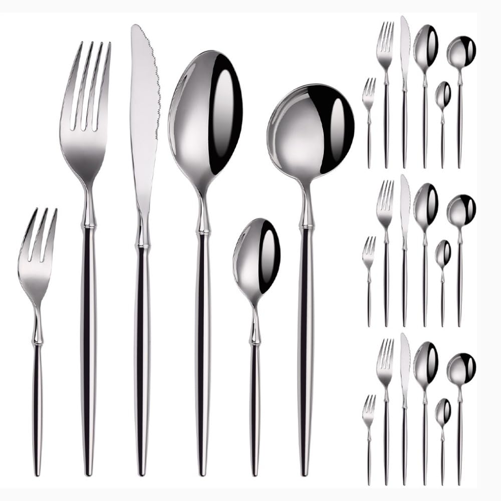 Juego de Cubiertos, Juego de Cubiertos de Acero Inoxidable, plástico Transparente, Juego de Cuchara, Cuchillo y Tenedor, Mango sólido Martillado/Brillante, Cubiertos de Acero Inoxidable, vajilla,