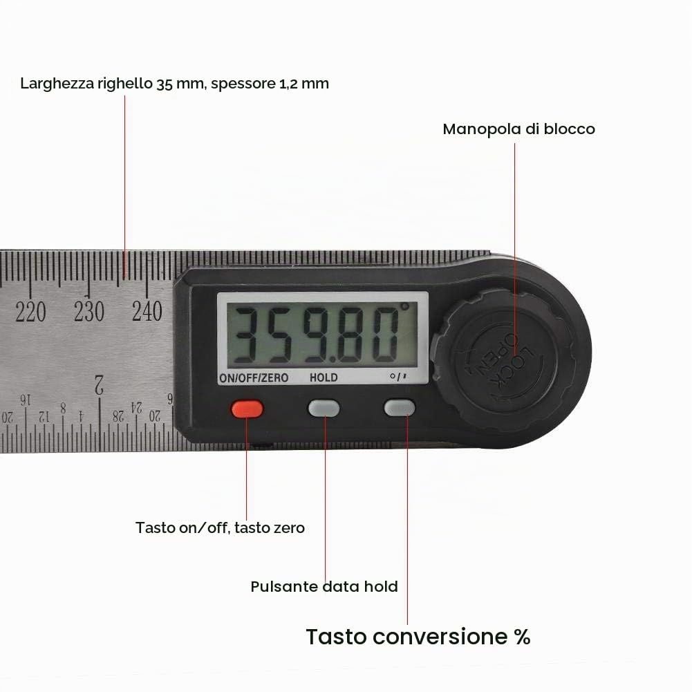 Righello Angolare con Display Digitale, Misuratore Angolare Elettronico 2 in 1 con Manopola di Bloccaggio 0-360°, Righello per Falegnameria, Misuratore Goniometro Multifunzione (300mm)