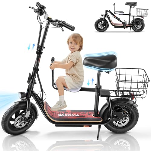Caroma 560W Peak Electric Scooter Adults, 12 Miles Max Range Electric Scooter with Seat for Teens, 20mph Top Speed Foldable Commuter Ebike, Portable E-Scooters with Basket