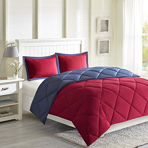 Image of Madison Park Larkspur All Season Reversible Two Sides Down Alternative Comforter Set 3M Stain Release Comforters, King, Red /Navy