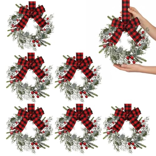 Corona de Navidad, mini corona de Navidad para armario, cinta de cedro nevado artificial, pequeña con coronas de Navidad para colgar