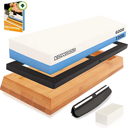 KOWOOD Whetstone, Sharpening Stone kit, 2 Side Grit 1000/6000, with Flattening Stone & Base Holder & Nonslip Base & Angle Guide, Gift for Parents