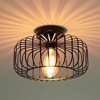Industrial Black Ceiling Lights Fixture, Semi Flush Mount Ceiling Light for Living Room Black Metal Cage Lampshade for Hallway, Bedroom, Dining Room, Kitchen Lounge [Energy Class A+++]