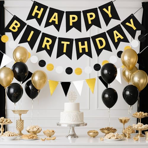 Image of Black Gold Happy Birthday Banner Hanging Sign Circle Dot Triangle Bunting