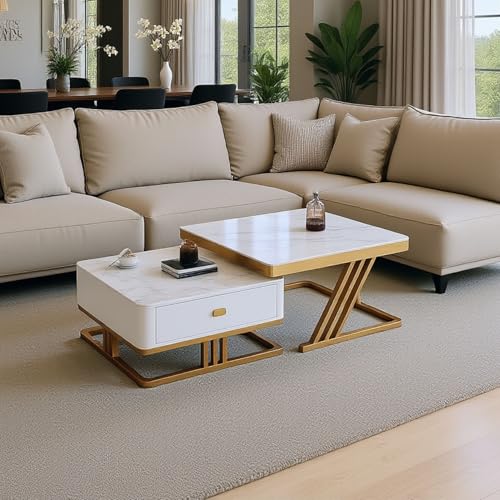 Image of RIZIK STORE Iron Frame Handmade Drawer Square Coffee Table /Nesting Table /Side Table /Center Table with Engineered Wood Top for Living Room /Drawing Room /Balcony (Gold- 24 inchx24 inch)