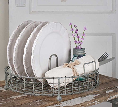 Colonial Tin Galvanized Metal Vintage Dish Rack With Utensil Holder Kitchen Supplies, 12" Dia. X 4¼"T, Gray #TOP3