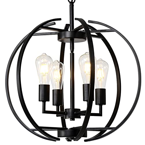 LIGOTFIRE Lámpara de araña grande con forma de globo negro, lámpara de araña ajustable para colgar en el techo, 4 luces para cocina, comedor, sala de estar, pasillo