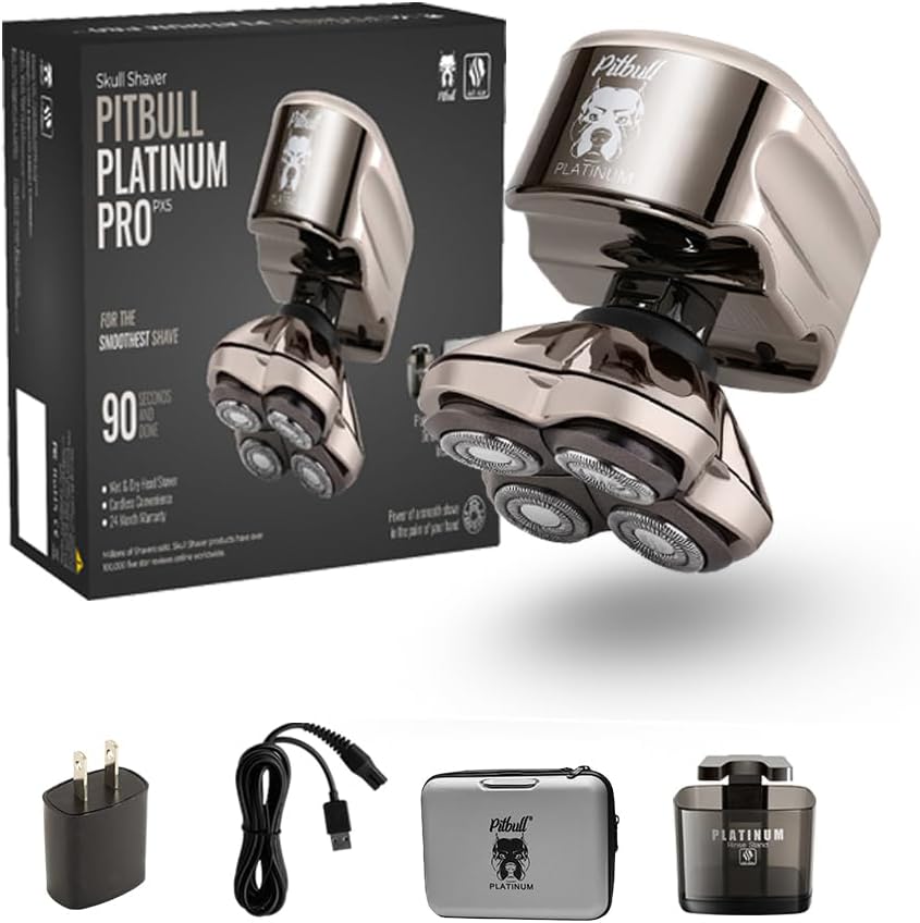 Skull Shaver Pitbull Platinum Pro PX5 - Electric Razor for Men - Cordless, Rechargeable, Wet/Dry, Ergonomic for Bald Head Shaver - with Rinse Stand & Travel Case