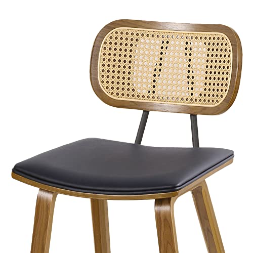 Counter Height Bar Stools Set Of 3, Mid Century Modern Counter Stools, 27" Wood Kitchen Stool Pu Leather Upholstered Barstool With Rattan Back, Counter Height Island Dining Bar Chair, Black #TOP5