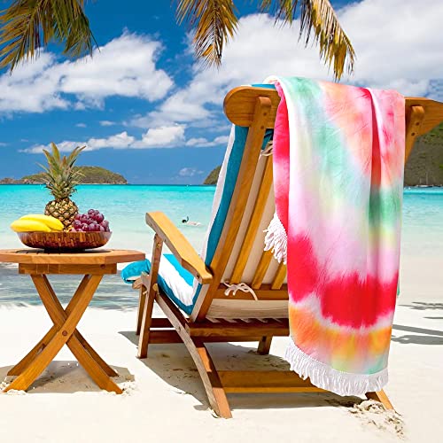Queenshin Colorful Tie Dye Round Microfiber Beach Towels Oversized For Adults,Girls Extra Large Circular Tassels Blanket Sandproof 60" Circle #TOP4