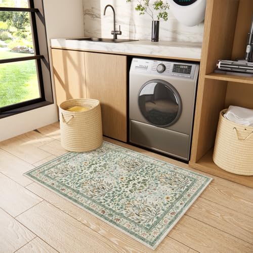 Image of Non-Slip Washable Entry Rug 2x3, Vintage Floral Indoor Front Door Mat for Entryway, Bathroom & Kitchen