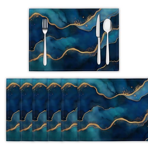 Manteles Individuales Elegantes 45 x 30 cm,2 Unidades - Olas Borde Dorado Línea Mantel Individual Lavable,Resistente Calor,Antimanchas para Mesa de Cocina - Azul 1