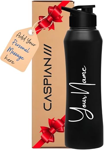 CASPIAN /// Trek Customised Stainless Steel Water Bottle 1L, Black with Logo Print - Personalised Water Bottle with Your N...