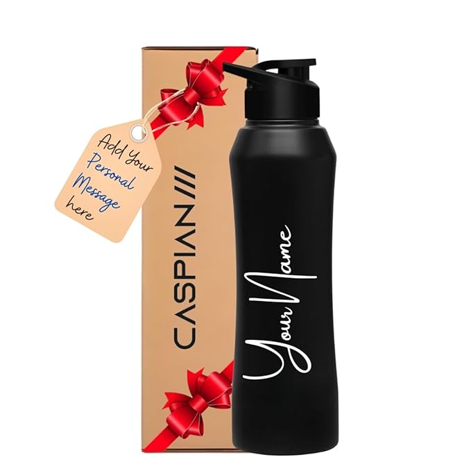 CASPIAN /// Trek Customised Stainless Steel Water Bottle 1L, Black with Logo Print - Personalised Water Bottle with Your Name Print for Kids Boys Girls School Office Gym- Perfect for Corporate Gifting
