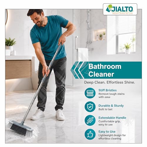 Image of JIALTO Floor Cleaning Broom with Long Stainless Steel Handle, Soft Dense Bristles, Adjustable Extendable Rod, Multipurpose Sweeping Brush for Home, Kitchen, Bathroom & Outdoor Cleaning