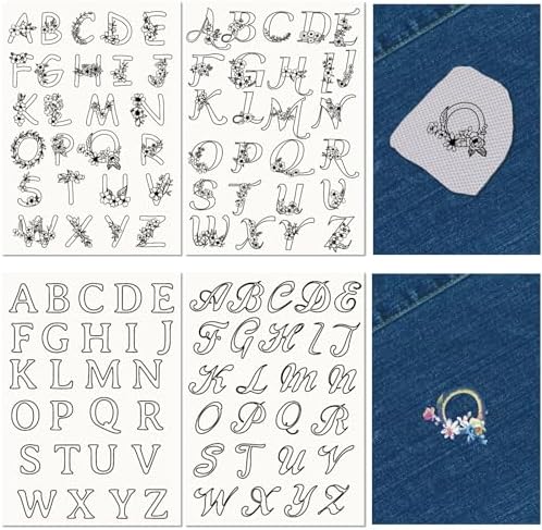 CRASPIRE 4 Sheets 104Pcs A-Z Letters Water Soluble Embroidery Patterns Stabilizers Alphabet Hand Sewing Stick and Stitch A4 Transfers Fabric Wash Away Pre-Printed Self Adhesive for Cloth DIY Lovers