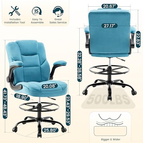 Image of Drafting Chair 500Lbs, Tall Office Chair for Standing Desk, Fabric Executive Office Chair with Flip-up Armrests, Ergonomic High Chair with Adjustable Foot Ring, Comfy Stool Chairs, Blue