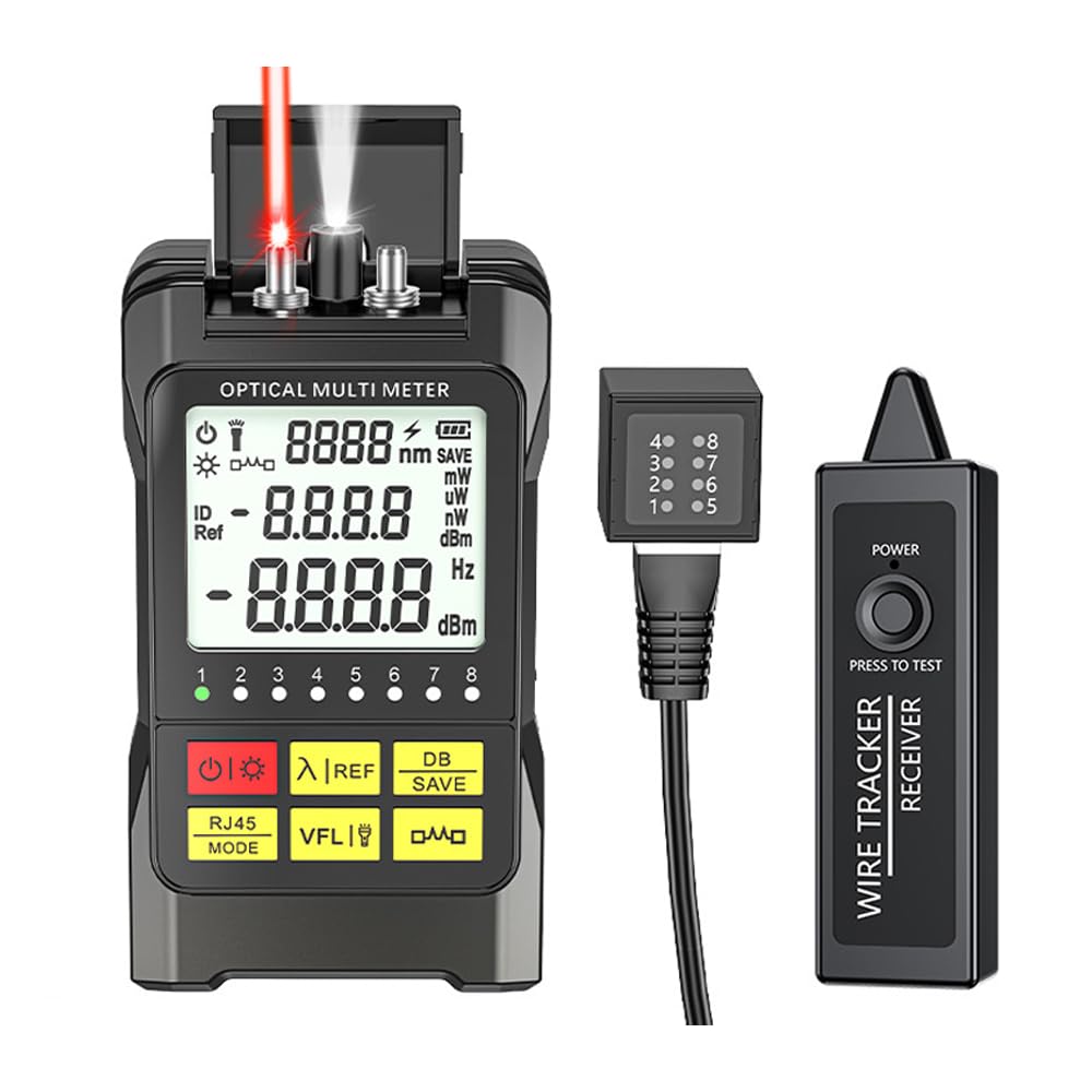 Probador de Cable de Fibra Óptica 5 en 1 Portátil con Medidor de Potencia Óptica, Localizador de Cables, Localizador Visual de Fallos y Test RJ45 - Interfaz Universal SC/FC/ST