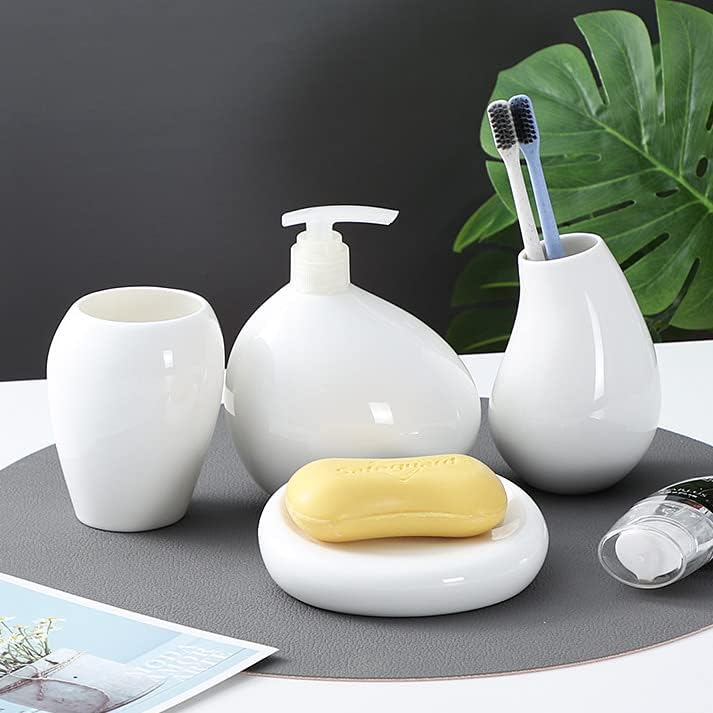 Soft Touch Ceramic White Bathroom Accessories Set,Soap Dispenser, Toothbrush Holder, Tumbler and Soap Dish,White,5pcs