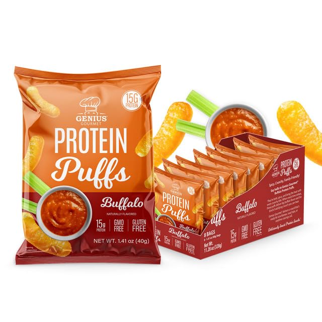 Genius Gourmet Protein Puffs - Buffalo Flavored High Protein Snacks for Adults & Kids- Zero Added Sugar, Gluten Free & GMO Free - On the Go Spicy Savory Snacks - 8 Ct - Image 1 of 8
