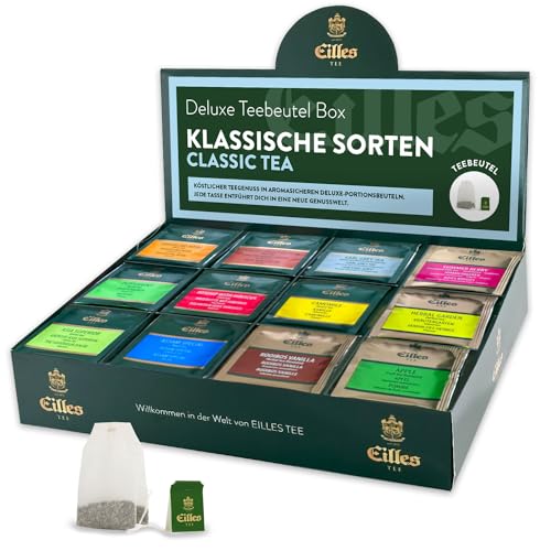 CLASSIC Mischbox mit 12 Sorten EILLES Teebeutel der besten klassischen Sorten | Premium Sorten von EILLES TEE | 5-Sterne Sortiment mit insgesamt 96 Teeportionen