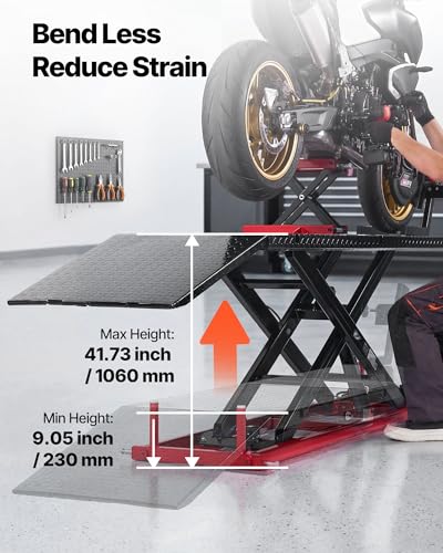 Image of VEVOR Motorcycle Lift Table, 1500 lbs Capacity, Electric Hydraulic Pump with Scissor Lift Jack, Adjustable Wheel Chock, 9.05 inch-41.73 inch Height Range, 78.3 inch x 26.3 inch Heavy Duty Repair Stand for Dirt Bike