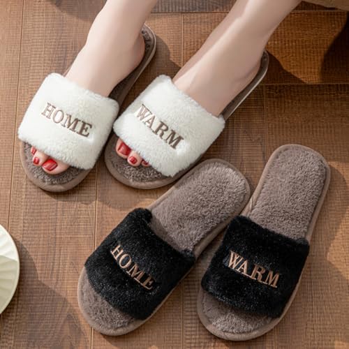 Women's Open Toe House Slippers Letter Embroidery Plush Slippers Fuzzy Slippers Cozy Fluffy Indoor Comfortable Slip-on2