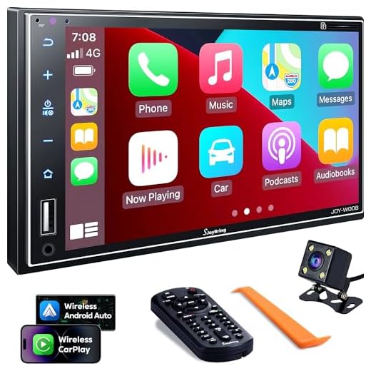 Double Din Car Stereo Compatible with Apple Carplay, 7 Inch Full HD Capacitive Touchscreen - Bluetooth, Mirror Link, Backup Camera, Steering Wheel, Subwoofer, USB/SD Port, A/V Input, FM/AM Car Radio