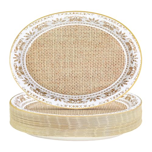 50Pcs Burlap and Lace Oval Paper Plates 10 50Pcs Burlap and Lace Oval Paper Plates 10