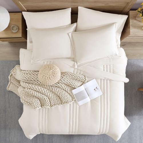 Image of Full Size Comforter Set-7 Pieces White Soft Bed in a Bag Full Bedding Sets | Monbix All-Season Vertical Quilted Comforter with Sheets, Pillow Shams & Pillowcases