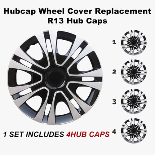 Image of Black with Silver Hubcap Wheel Cover Replacement Kit 13 inch Hub Caps Wheel Rim Cover Car Exterior Accessories Pack of 4, 13 Inches