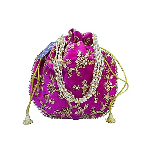 ATHZ Potli Bag Velvet Golden Work Wedding potli for Ladies Gift for Women Handbags Traditional Indian Wristlet with Drawstring Ethnic Embroidery Women Fashion Potli (Gold,Pink)