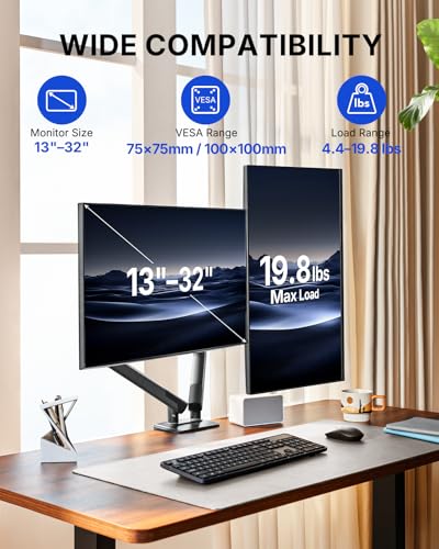 Image of HUANUO FlowLift Pro Dual Monitor Mount for 13-32 inch Screens, MechaSpring Monitor Stand, Adjustable Monitor Arms for 2 Monitors with Tilt /Swivel /Rotation, Tool-Free VESA Mount, Max Load 19.8 lbs