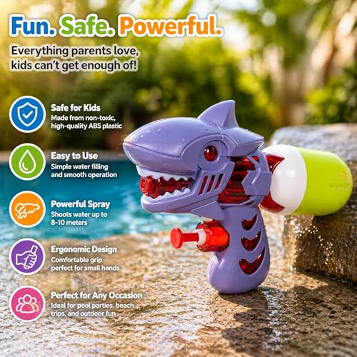 Image of WISHKEY Shark Water Gun Toy for Kids, 100 ml Capacity, Water Blaster for Kids, Durable Outdoor Summer Toy for Fun-Filled Water Battles and Special Occasions (Pack of 1, Multicolor)