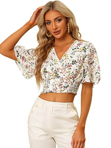 Allegra K Women's Floral Blouse Flare Short Sleeve V Neck 2025 Trendy Summer Smocked Crop Tops Large...