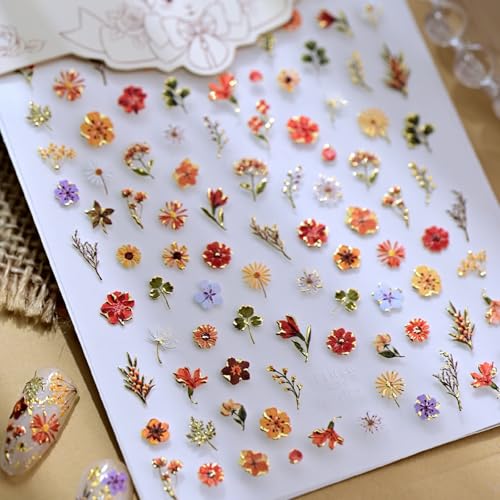 Image of Flower Nail Stickers for Nail Art Floral Leaf Plant Nails Decals with Design 5D Embossed Self Adhesive Nails Charms Supply for Women Manicure DIY Decoration Accessories 1 Sheets