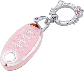 Pink Key Fob Cover for Nissa, Soft TPU Key Case Protection with Bling Keychain Fit for Altima Rogue Sentra Pathfinder Frontier Maxima Titan Murano Kicks Juke Versa Armada GTR 5 Buttons