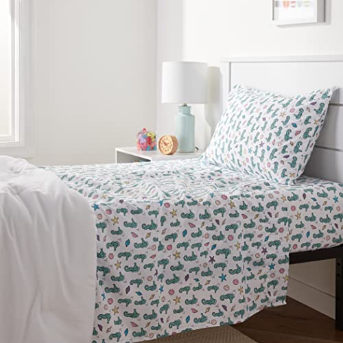 Image of Amazon Basics Kid's Ocean Party Soft Easy-Wash 3 Piece Microfiber Sheet Set, Twin, Teal Seahorses, Animal Print