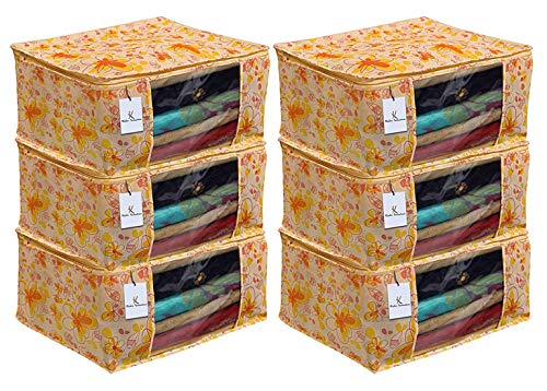 Image of Heart Home Red Flower 6 Piece Non Woven Saree Cover, Large, Yellow- CTHH21141