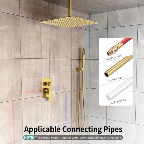 Image of SR SUN RISE 16 Inch Ceiling Mount Rain Shower System,Brushed Gold