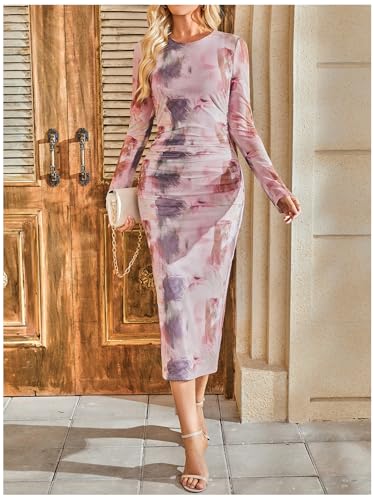 Image of GORGLITTER Women's Mesh Long Sleeve Bodycon Midi Dress Fall Cocktail Birthday Dinner Wedding Guest Going Out Dresses