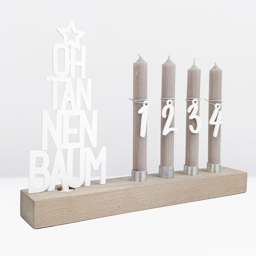 Adventskranz modern aus Holz Kerzenhalter Set länglich Adventsleiste mit Kerzen Oh Tannenbaum (weiß)