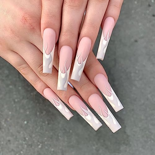 Uñas postizas presionadas French Tip largas con diseños grises, uñas falsas con pegamento, uñas acrílicas blancas en forma de ataúd, uñas neutras nude, puntas de llama, accesorios de manicura para mujeres y niñas, 24 piezas miniatura 1
