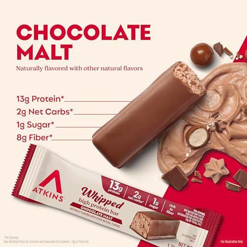 Image of Atkins Whipped Bars, Chocolate Malt Flavored, 13g Protein, 24 Count | 13g Protein, 2g Net Carbs, 1g Sugar, Rich in Fiber, Light and Airy Texture, Individually Wrapped 1.76oz Bars