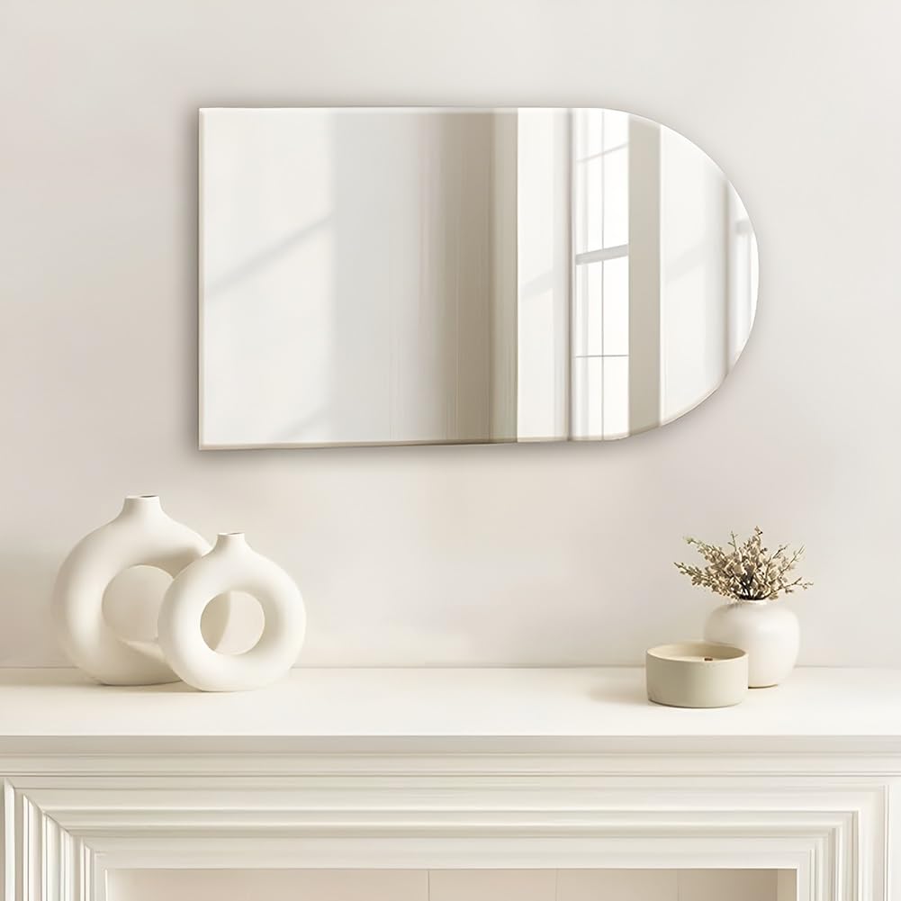Specchio da Parete ad Arch per Bagno 50x30 cm, Senza Cornice, Specchio Adesivo Flessibile, Appendere Orizzontalmente o Verticalmente