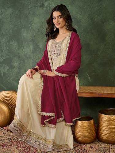 Image of Naixa-Women's Vichitra Silk with Lining Embroidered Flared Kurta with Pant and Dupatta Sets (NX-881)