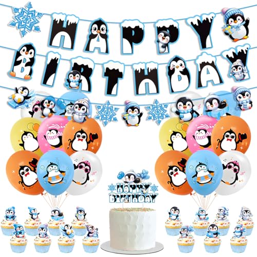 Penguin Birthday Party Decorations Include Birthday Banner Balloons Cupcake Toppers Cake Topper Winter Snowflake Theme Party Supplies