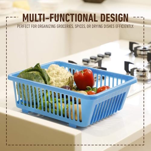 Image of Plastic Kitchen Dish Drainer Rack with Drying Tray & Cutlery Holder | 23 x 46 x 56 cm Utensil Stand & Bartan Stand | Mesh Design Dish Drying Basket Organizer for Kitchen Counter - Blue